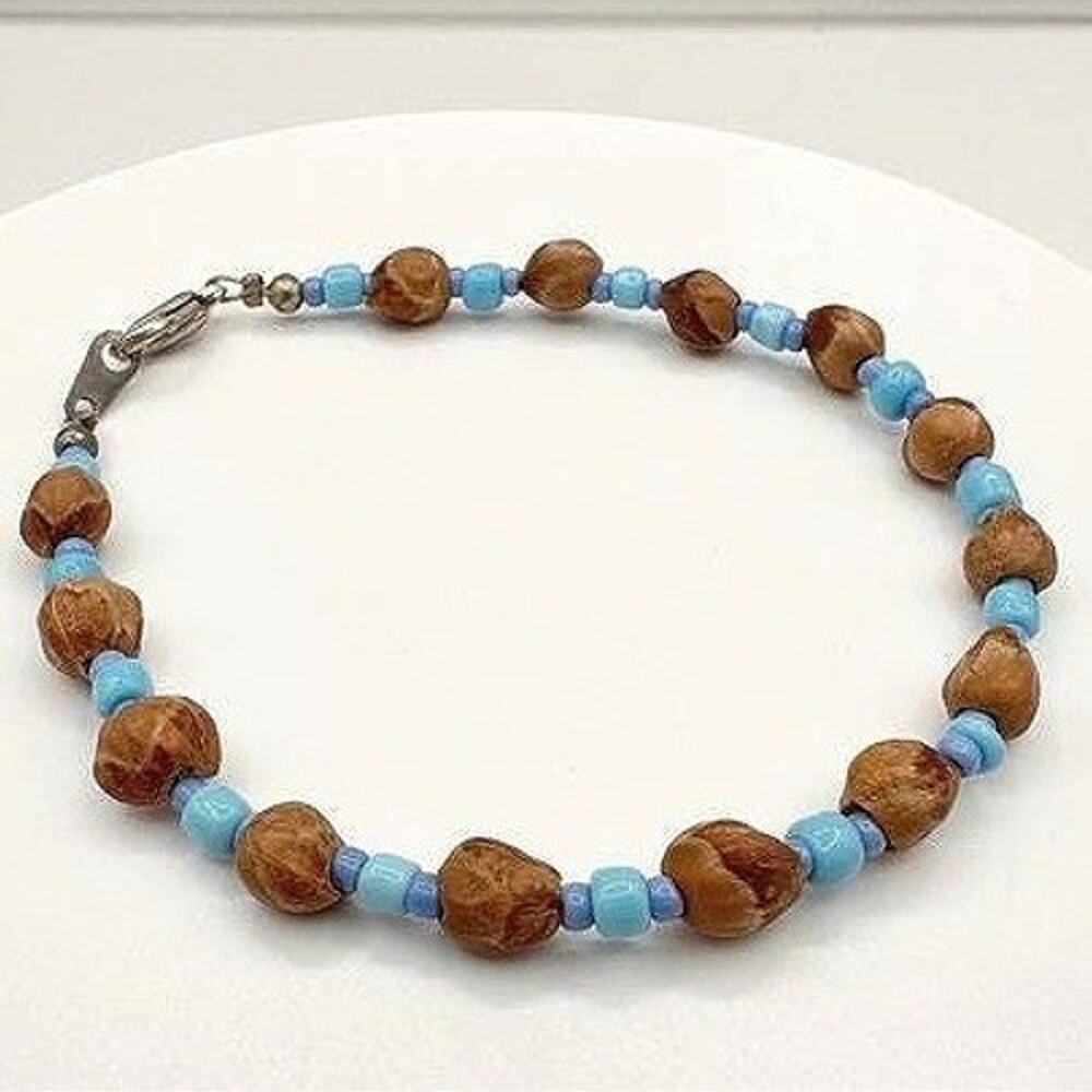 Vintage Y2K Beaded Bracelet Blue Seed Beads Brown Natural Nut Wood Boho Jewelry